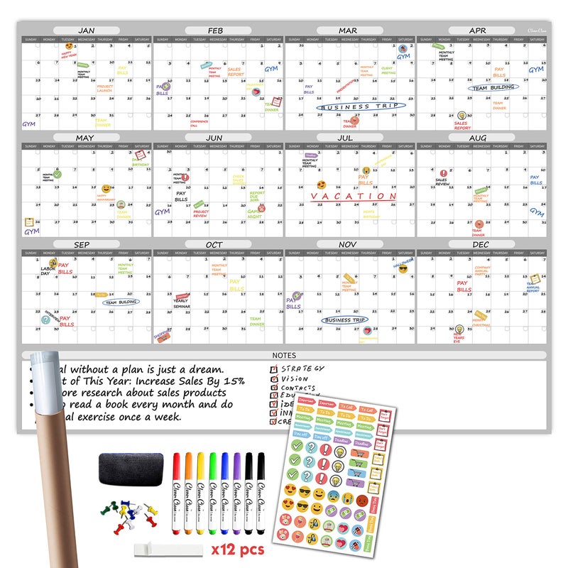 Clever Clean Large Dry Erase Wall Calendar - 48"x60" 2026 Undated Yearly Wall Calendar for Home, Office, School Projects - Jumbo Erasable and Reusable Laminated Yearly Planning Board - Image 1